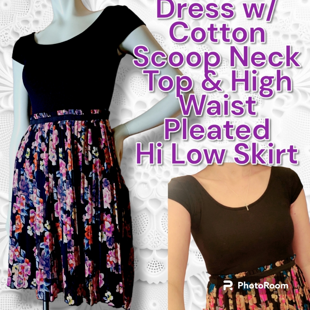 PLEATED Floral Skirt Dress High Waist Soft Cotton Top Cottagecore Lolita Sz Med
